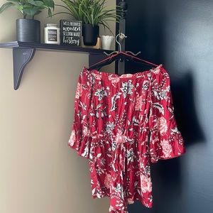 Red floral off the shoulder romper
